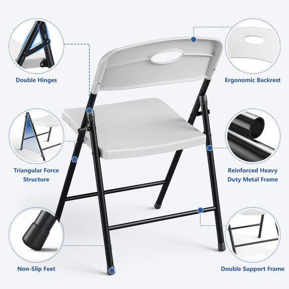 HaiCube 6 Pack Portable Plastic Folding Chair with Back Support, Heavy Duty Steel Frame, Indoor Outdoor for Party Wedding Office Patio, White