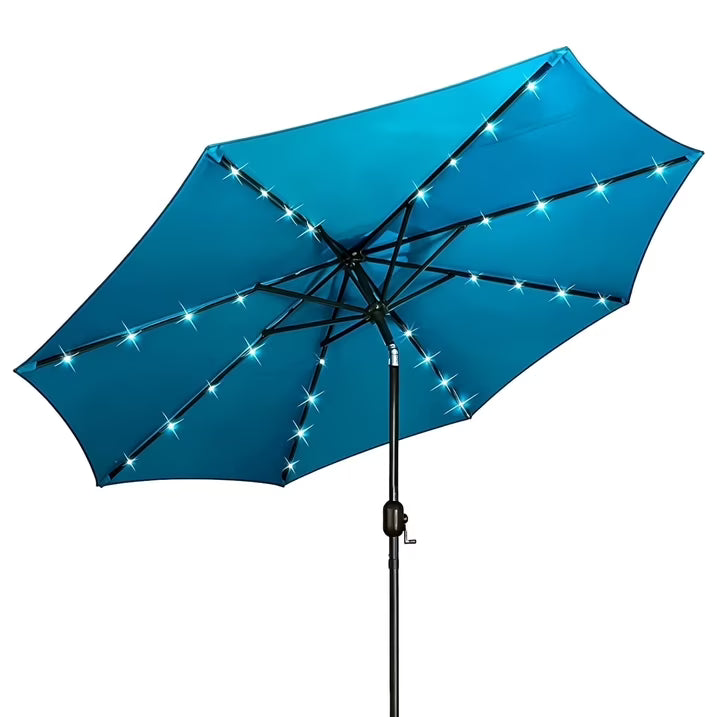 HaiNova 9ft Solar Patio Umbrella, Tilt Adjustment LED Outdoor Umbrella with 8 Reinforced Ribs for Garden, Backyard, Pool, Deep Blue