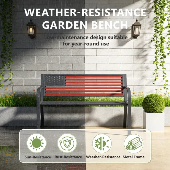 HaiNova Metal Outdoor Bench, 47in Patio Garden Benches with National Flag Pattern Backrest for Backyard, Lawn, Deck, Porch, Park, Red