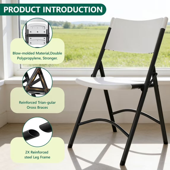 HaiNova 4 Pack Black Blow-Molded Folding Chairs, Portable Chair for Adults, 600lbs Capacity Metal Frame, Comfortable Seat for Party, Banquet