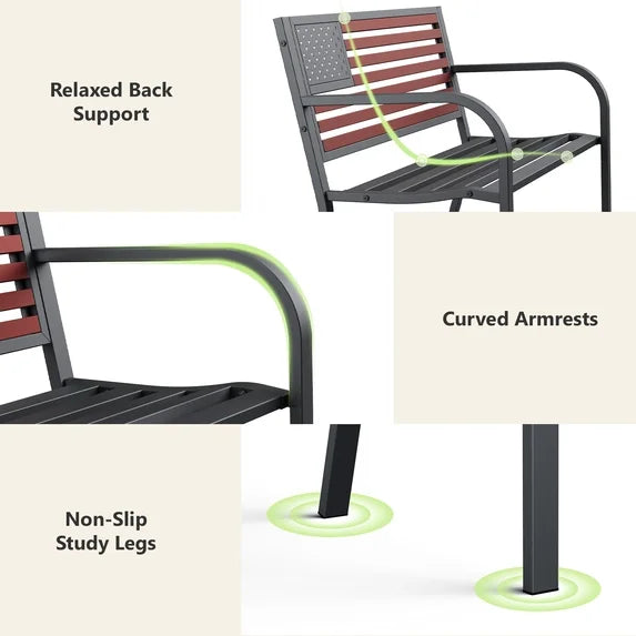 HaiNova Metal Outdoor Bench, 47in Patio Garden Benches with National Flag Pattern Backrest for Backyard, Lawn, Deck, Porch, Park, Red