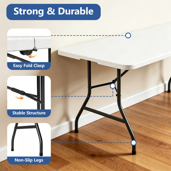 HaiCube 6FT Folding Table, 72" x 30" Extra Wide Heavy Duty Portable Table, Waterproof HDPE Plastic, Foldable Picnic Table for Camping, BBQ, Party, Dining, Indoor & Outdoor, White