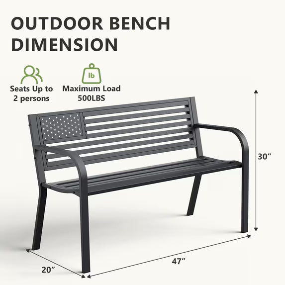 HaiNova Metal Outdoor Bench, 47in Patio Garden Benches with National Flag Pattern Backrest for Backyard, Lawn, Deck, Porch, Park, Red