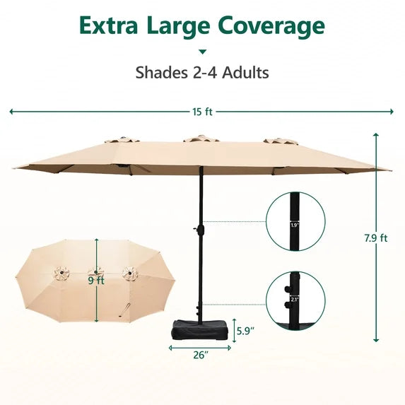 HaiNova 15Ft Large Outdoor Double-Sided Rectangle Umbrella with Base-Mounted, Foldable And Portable Sunshade For Pool, Beaches And Patio, Khaki