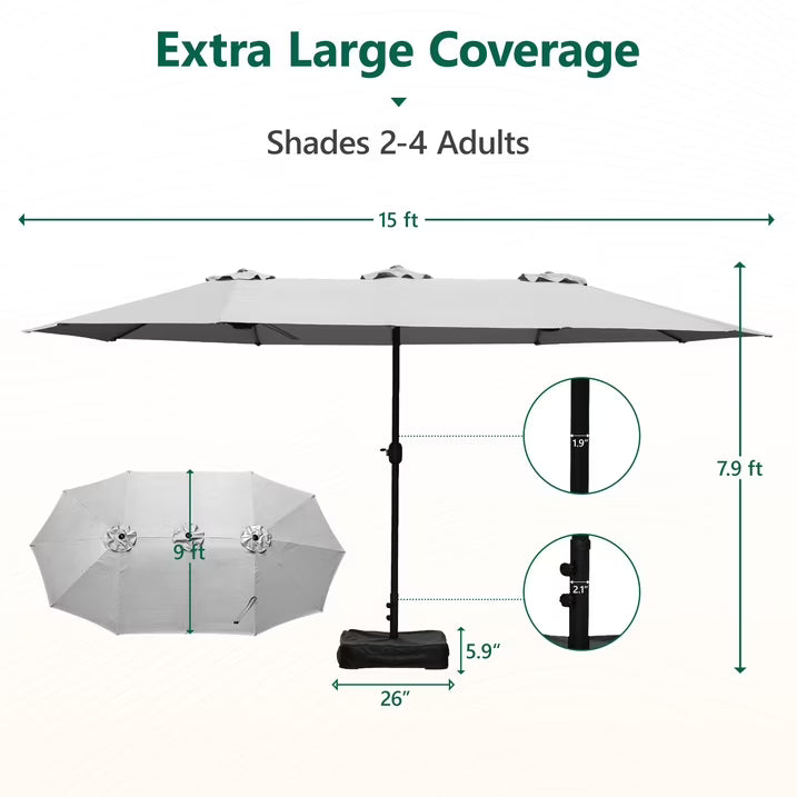 HaiNova 15Ft Large Outdoor Double-Sided Rectangle Umbrella with Base-Mounted, Foldable And Portable Sunshade For Pool, Beaches And Patio, Khaki