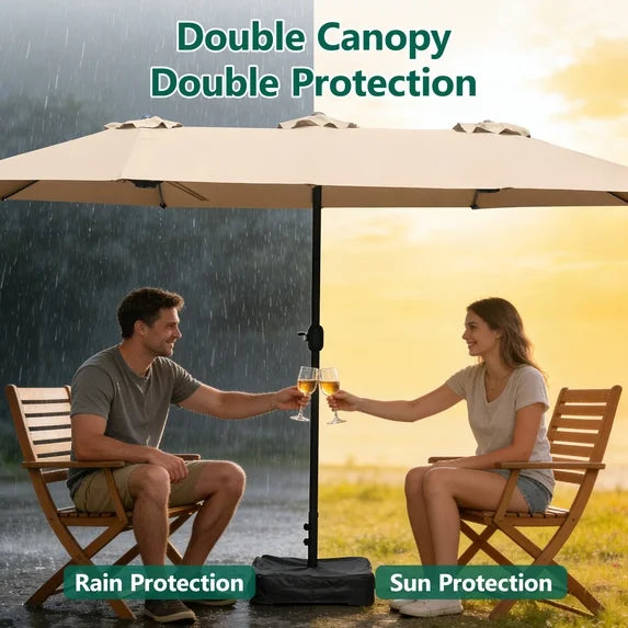 HaiNova 15Ft Large Outdoor Double-Sided Rectangle Umbrella with Base-Mounted, Foldable And Portable Sunshade For Pool, Beaches And Patio, Khaki