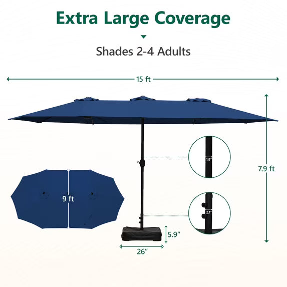HaiNova 15Ft Large Outdoor Double-Sided Rectangle Umbrella with Base-Mounted, Foldable And Portable Sunshade For Pool, Beaches And Patio, Khaki