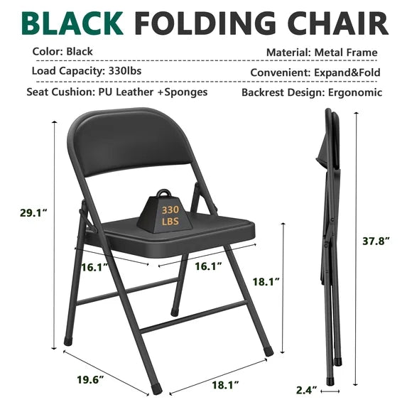 HaiNova 6 Pack Folding Chairs with Comfortable Cushion, Leather Padded Cushion Chair with Stainless Steel Frame for Home and Office, Gatherings, Black