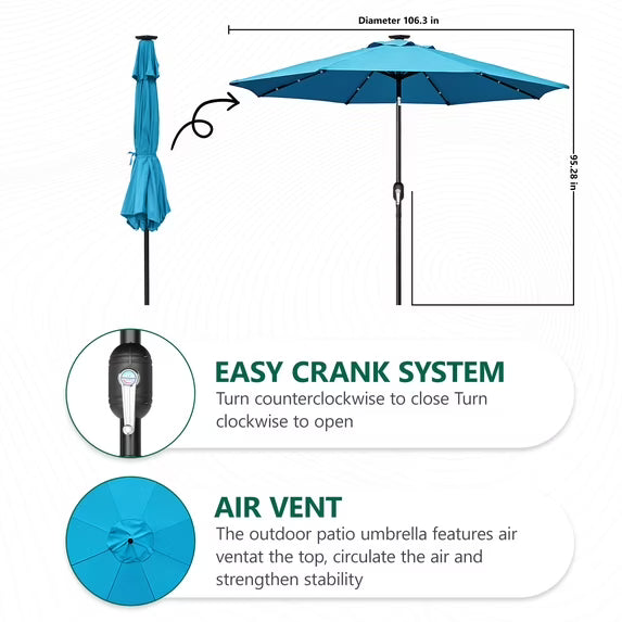 HaiNova 9ft Solar Patio Umbrella, Tilt Adjustment LED Outdoor Umbrella with 8 Reinforced Ribs for Garden, Backyard, Pool, Deep Blue