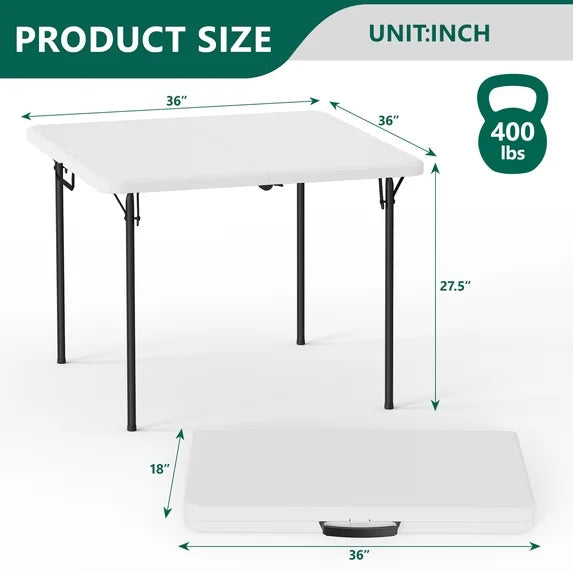 HaiNova 36in Square Folding Table, Portable Plastic Table with Handle Suitable for Party and Parties Backyard Events, White