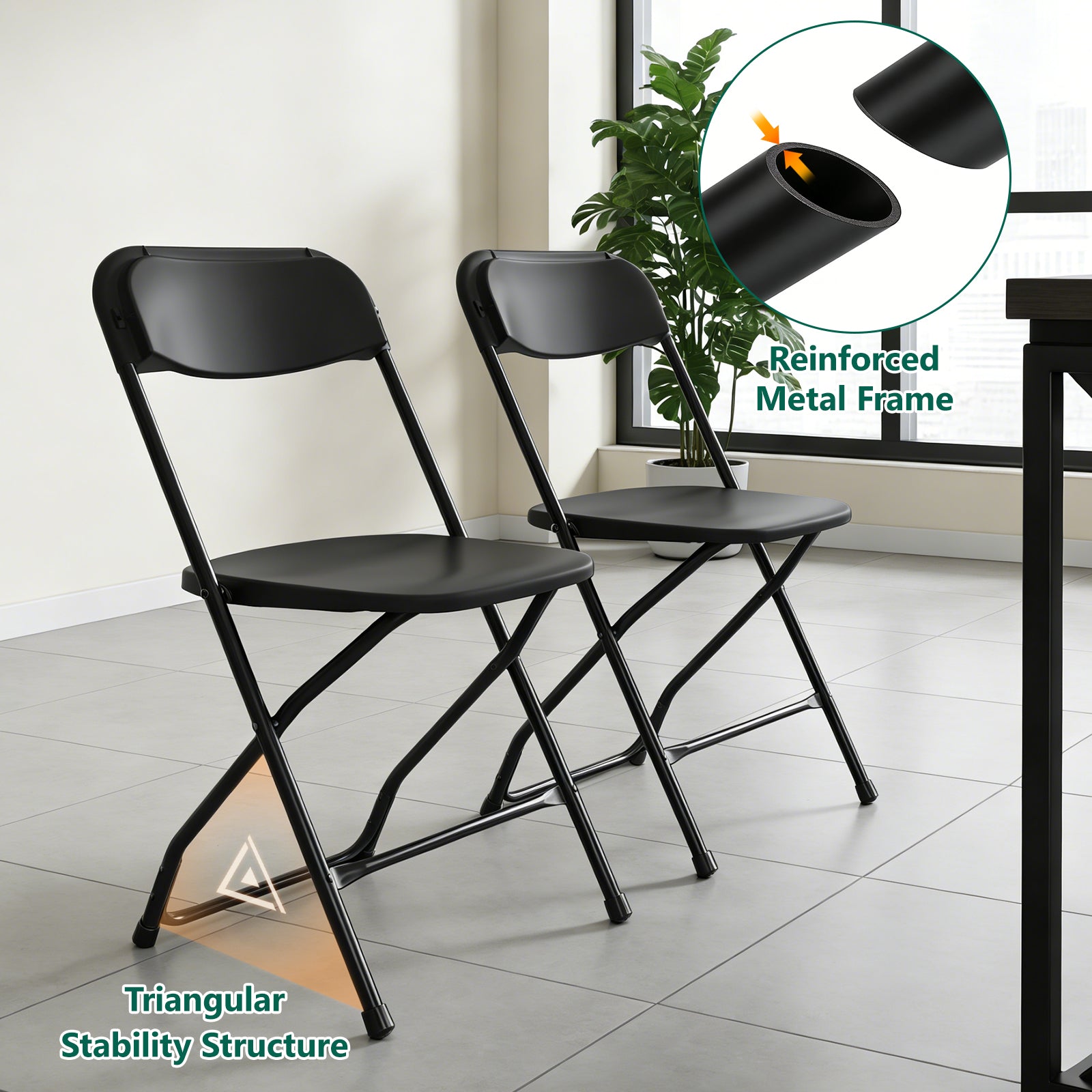 WASUHE 10 Pack Black Plastic Folding Chairs, Indoor Outdoor Portable Stackable Commercial Chairs with Non-slip Design, 350lbs Capacity, Indoor Outdoor for Events Wedding Party Office Dining