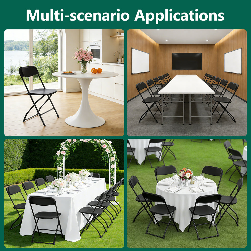 WASUHE 10 Pack Black Plastic Folding Chairs, Indoor Outdoor Portable Stackable Commercial Chairs with Non-slip Design, 350lbs Capacity, Indoor Outdoor for Events Wedding Party Office Dining